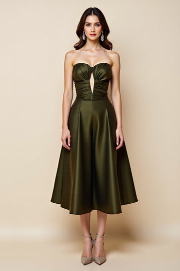 Strapless Satin Olive A Line Wedding Guest Dress
